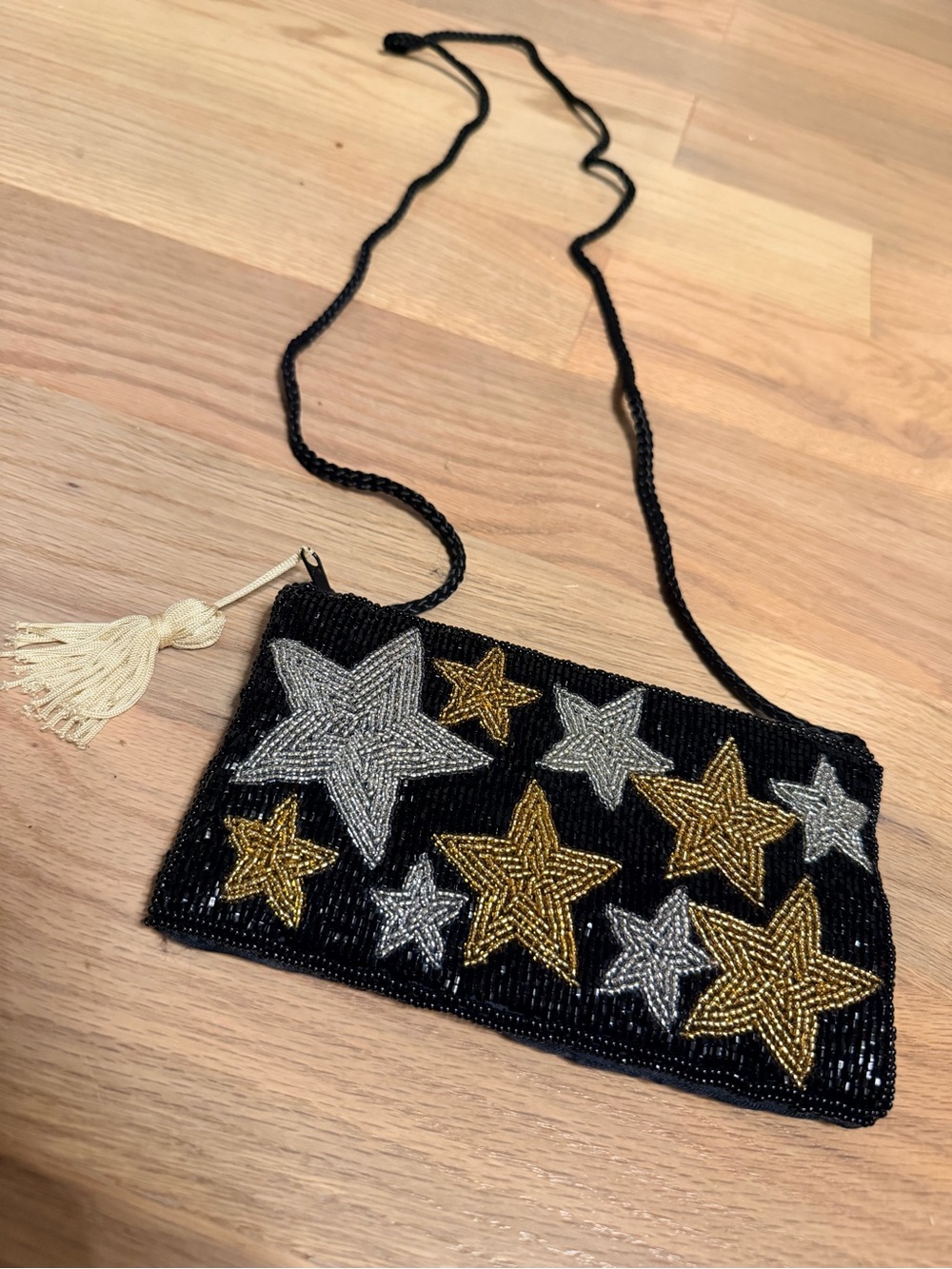 Beaded Star Crossbody Clutch - Black Pouch with Gold & Silver Stars
